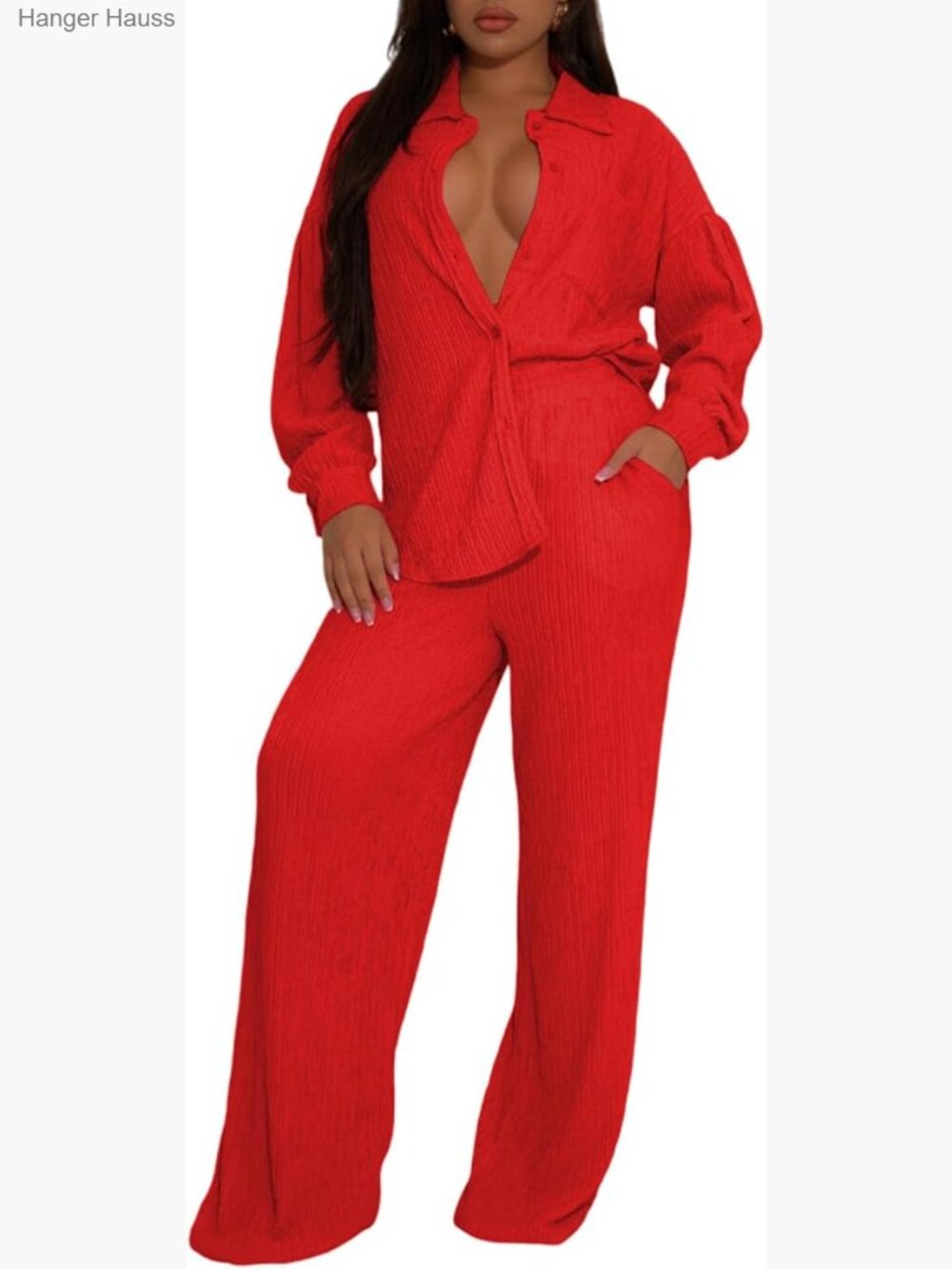 Women's 2 Piece Pleated Matching Set Long Sleeve Button Down Shirt Wide Leg
